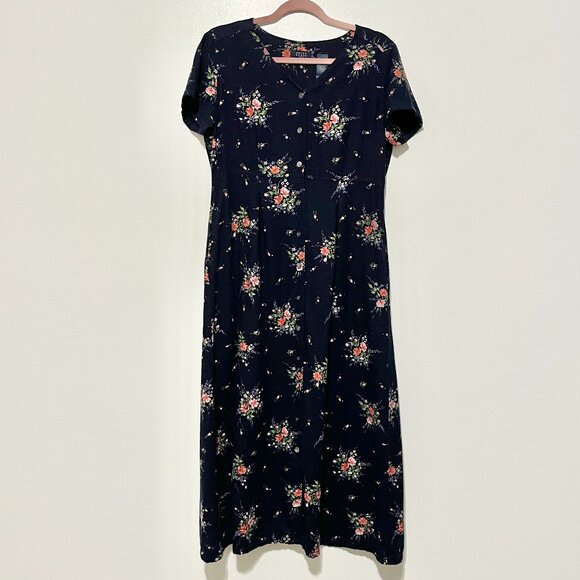 Crazy Horse Womens VTG Linen Blend Maxi Dress Size 10 Navy Floral Modest Cottage - Picture 1 of 8